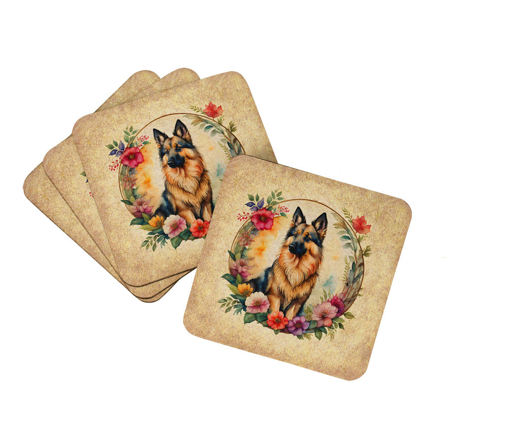 Belgian Tervuren and Flowers Foam Coasters Set of 4 Cup Coasters for Indoor Outdoor, Tabletop Protection, Anti Slip, Mouse pad Material