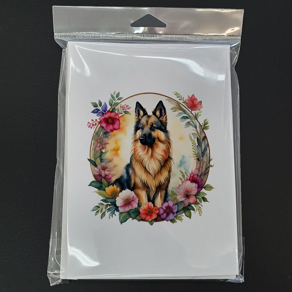 Belgian Tervuren and Flowers Greeting Cards Pack of 8 Blank Cards with Envelopes Whimsical A7 Size 5x7