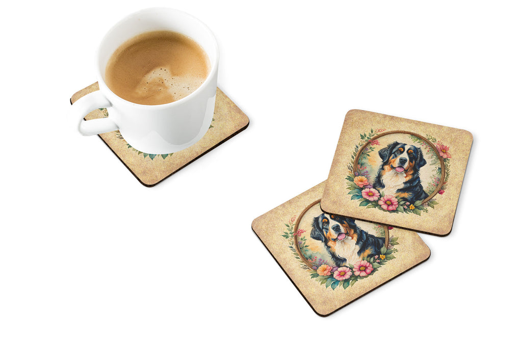 Bernese Mountain Dog and Flowers Foam Coasters Set of 4 Cup Coasters for Indoor Outdoor, Tabletop Protection, Anti Slip, Mouse pad Material
