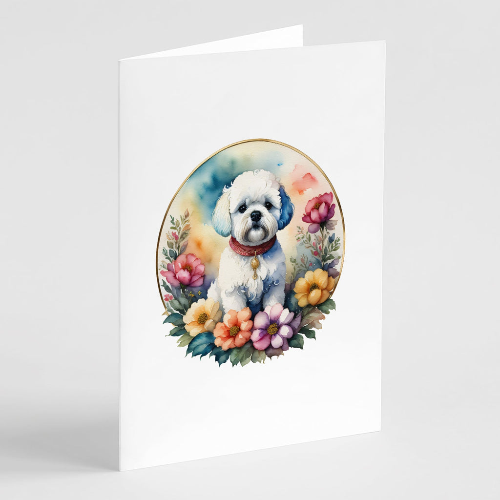 Bichon Frise and Flowers Greeting Cards Pack of 8 Blank Cards with Envelopes Whimsical A7 Size 5x7