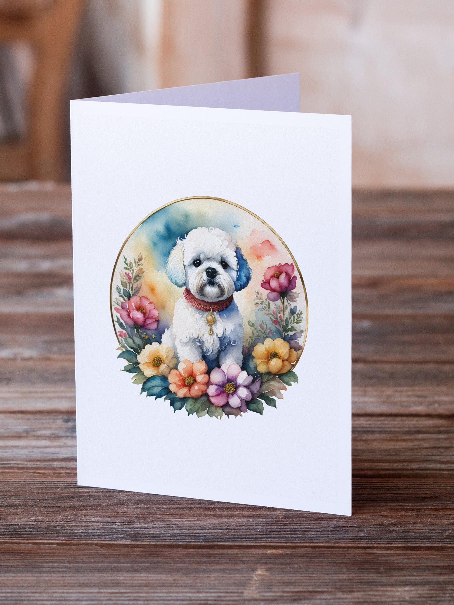 Bichon Frise and Flowers Greeting Cards Pack of 8 Blank Cards with Envelopes Whimsical A7 Size 5x7
