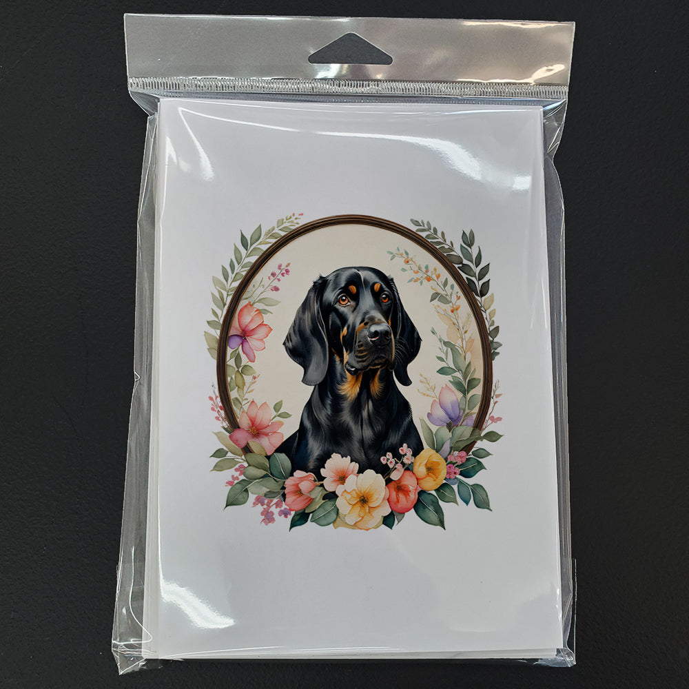 Black and Tan Coonhound and Flowers Greeting Cards Pack of 8 Blank Cards with Envelopes Whimsical A7 Size 5x7