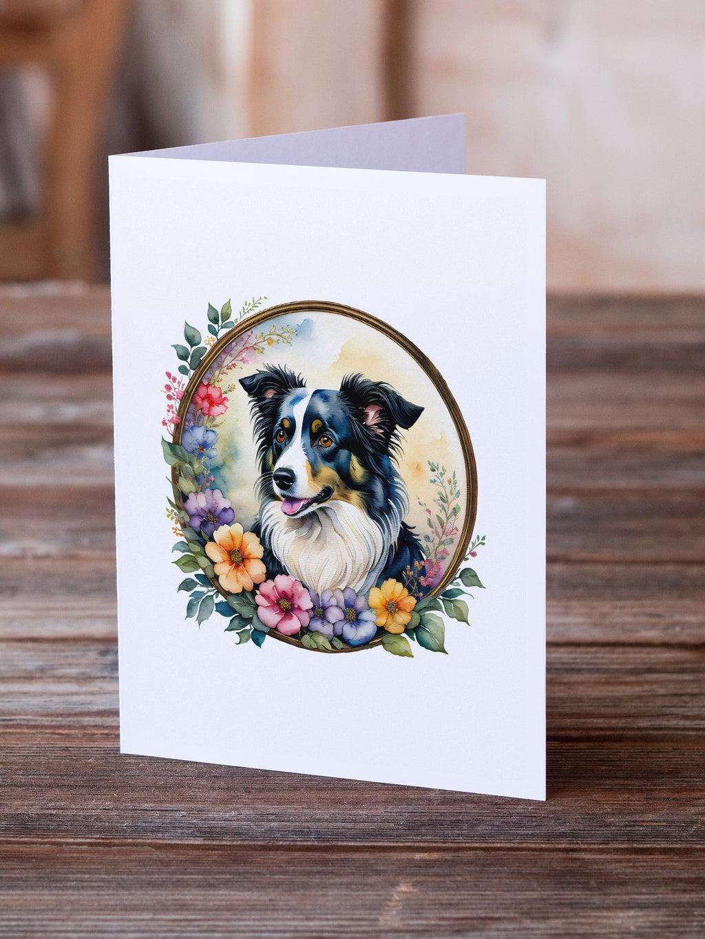 Border Collie and Flowers Greeting Cards Pack of 8 Blank Cards with Envelopes Whimsical A7 Size 5x7