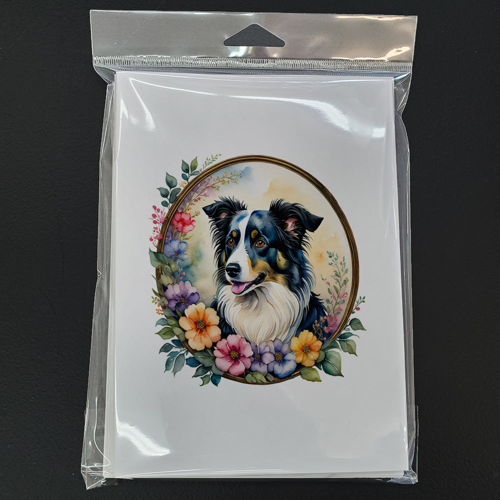 Border Collie and Flowers Greeting Cards Pack of 8 Blank Cards with Envelopes Whimsical A7 Size 5x7