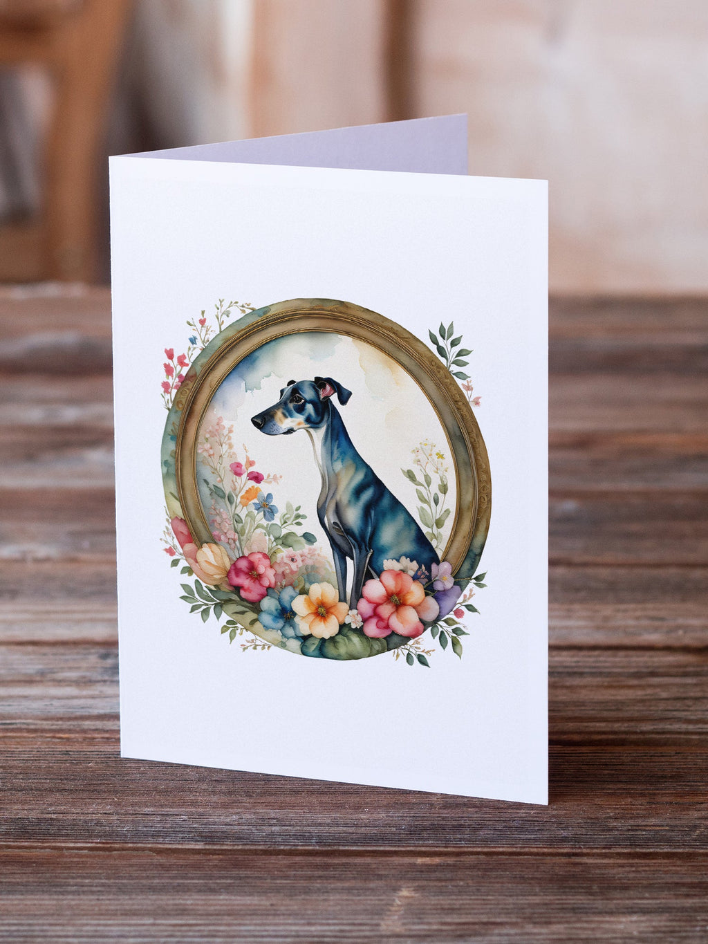 Greyhound and Flowers Greeting Cards Pack of 8 Blank Cards with Envelopes Whimsical A7 Size 5x7