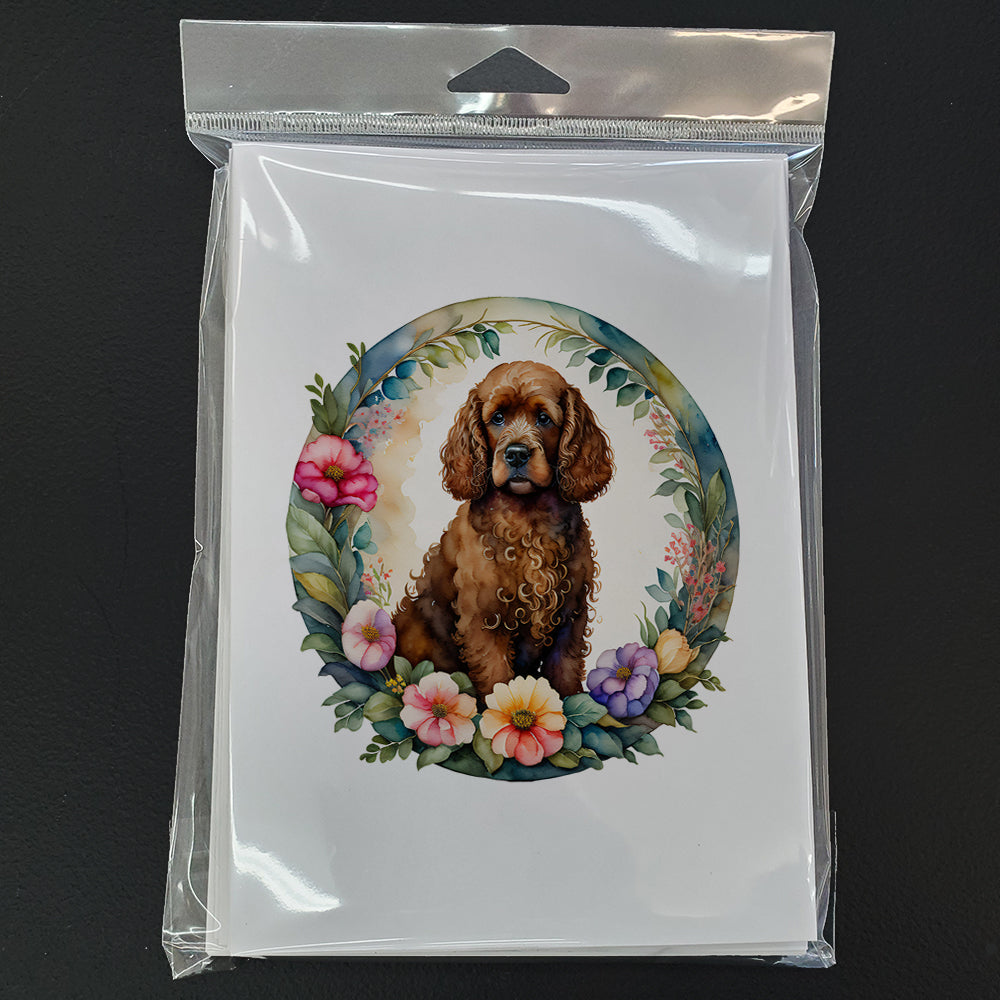 Irish Water Spaniel and Flowers Greeting Cards Pack of 8 Blank Cards with Envelopes Whimsical A7 Size 5x7