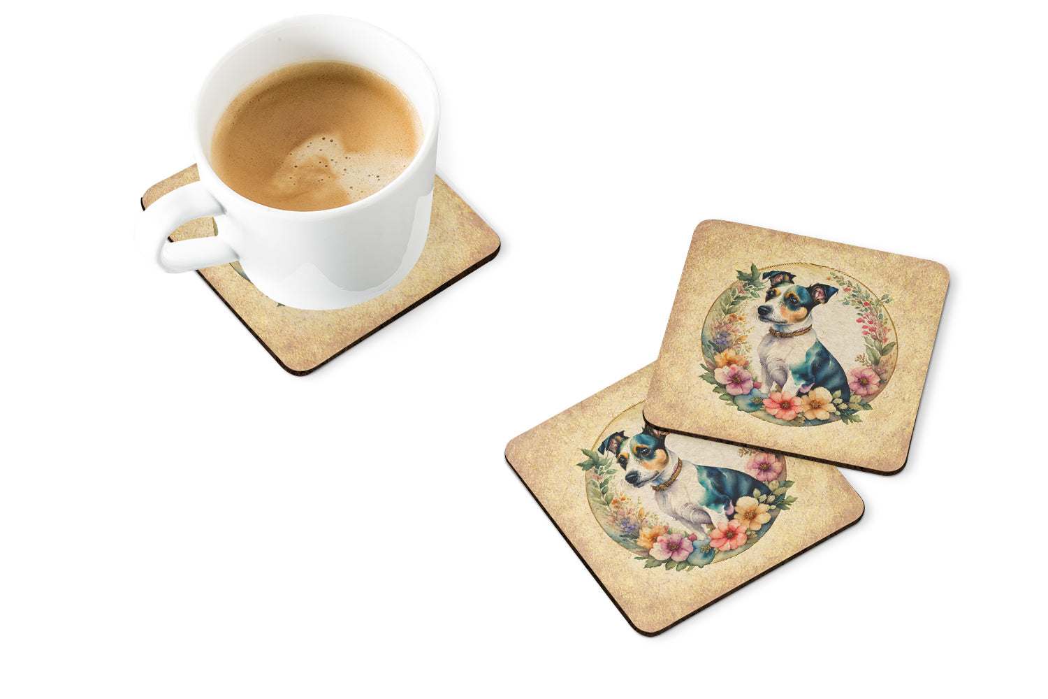 Jack Russell Terrier and Flowers Foam Coasters Set of 4 Cup Coasters for Indoor Outdoor, Tabletop Protection, Anti Slip, Mouse pad Material