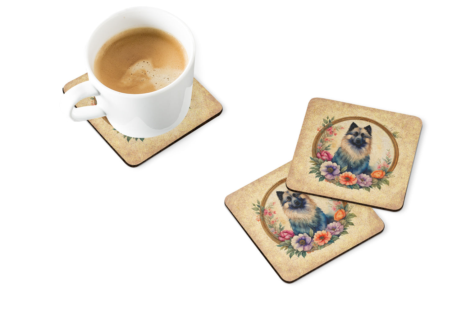 Keeshond and Flowers Foam Coasters Set of 4 Cup Coasters for Indoor Outdoor, Tabletop Protection, Anti Slip, Mouse pad Material