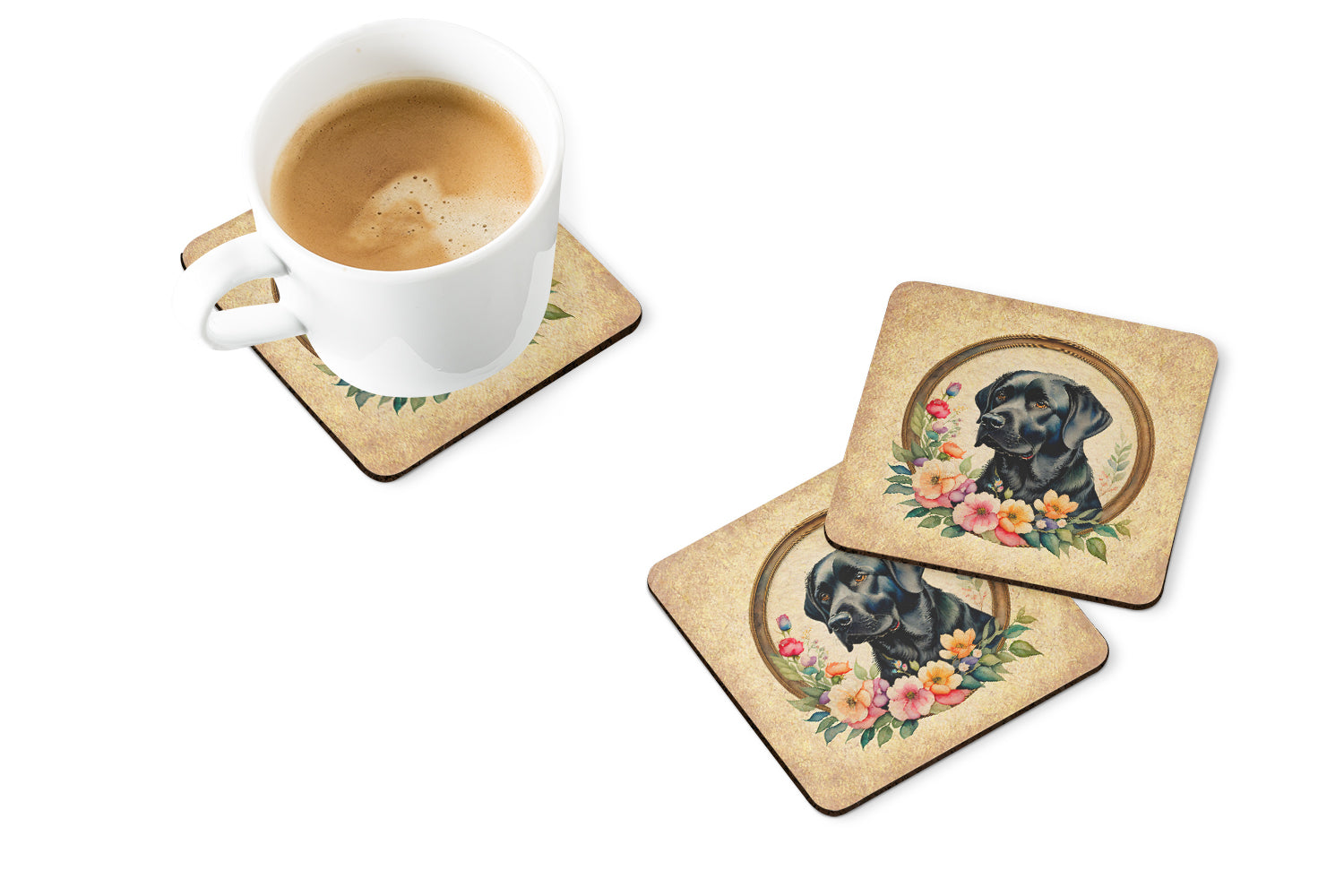 Black Labrador Retriever and Flowers Foam Coasters Set of 4 Cup Coasters for Indoor Outdoor, Tabletop Protection, Anti Slip, Mouse pad Material