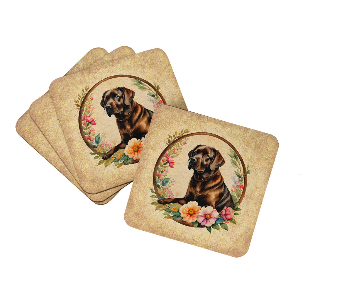Chocolate Labrador Retriever and Flowers Foam Coasters Set of 4 Cup Coasters for Indoor Outdoor, Tabletop Protection, Anti Slip, Mouse pad Material