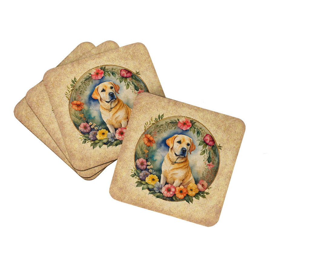 Yellow Labrador Retriever and Flowers Foam Coasters Set of 4 Cup Coasters for Indoor Outdoor, Tabletop Protection, Anti Slip, Mouse pad Material