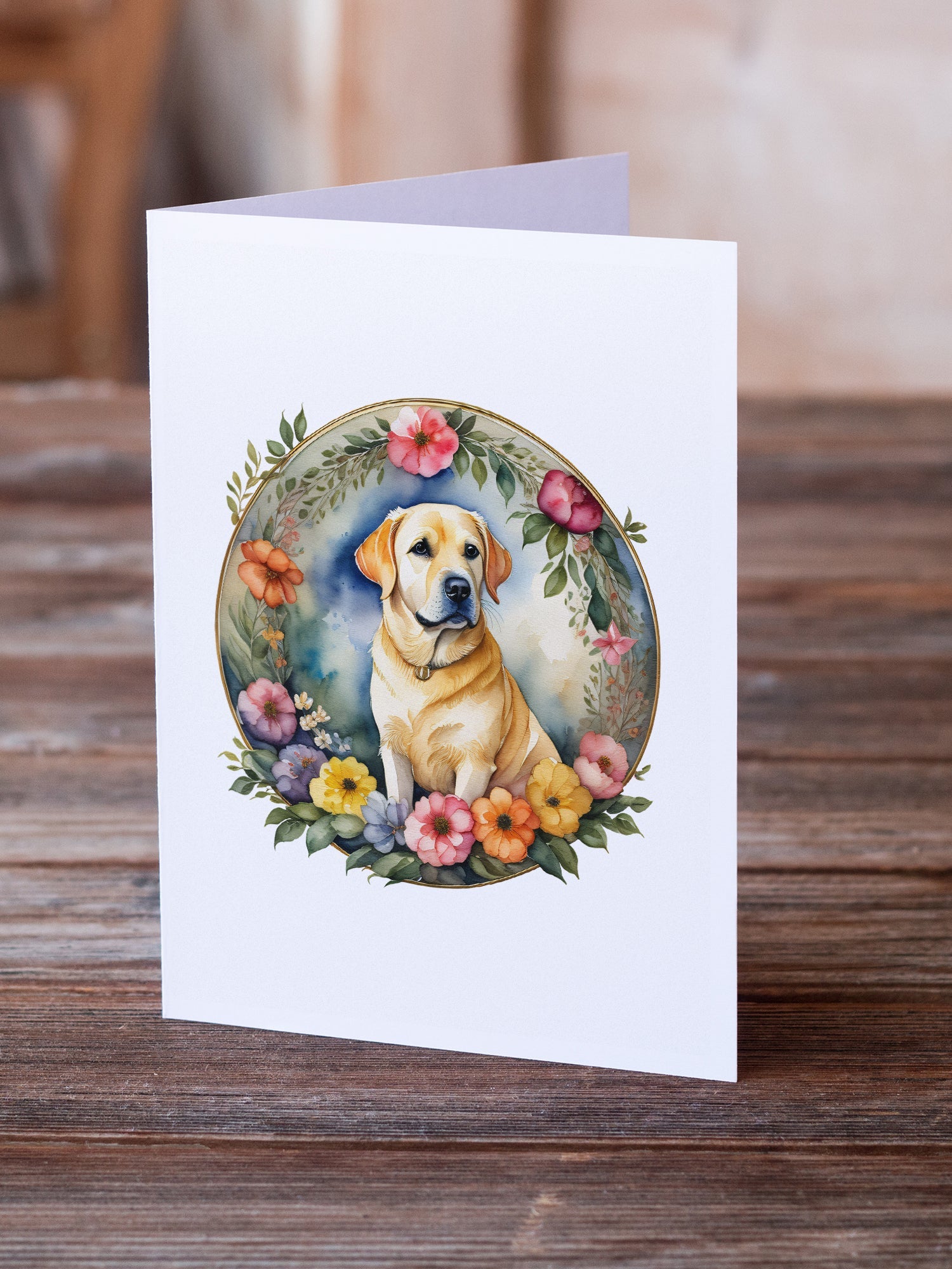 Yellow Labrador Retriever and Flowers Greeting Cards Pack of 8 Blank Cards with Envelopes Whimsical A7 Size 5x7