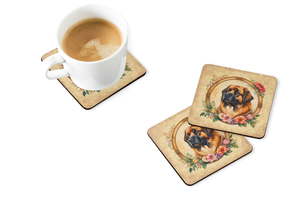 Leonberger and Flowers Foam Coasters Set of 4 Cup Coasters for Indoor Outdoor, Tabletop Protection, Anti Slip, Mouse pad Material