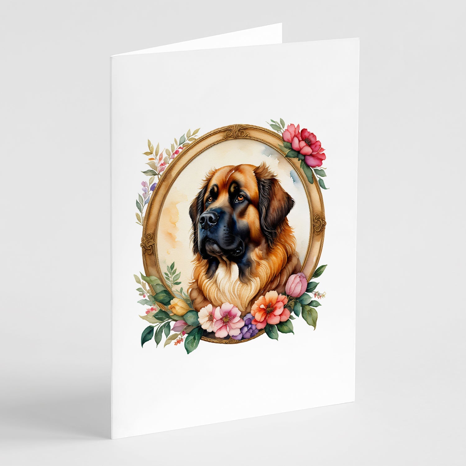 Leonberger and Flowers Greeting Cards Pack of 8 Blank Cards with Envelopes Whimsical A7 Size 5x7