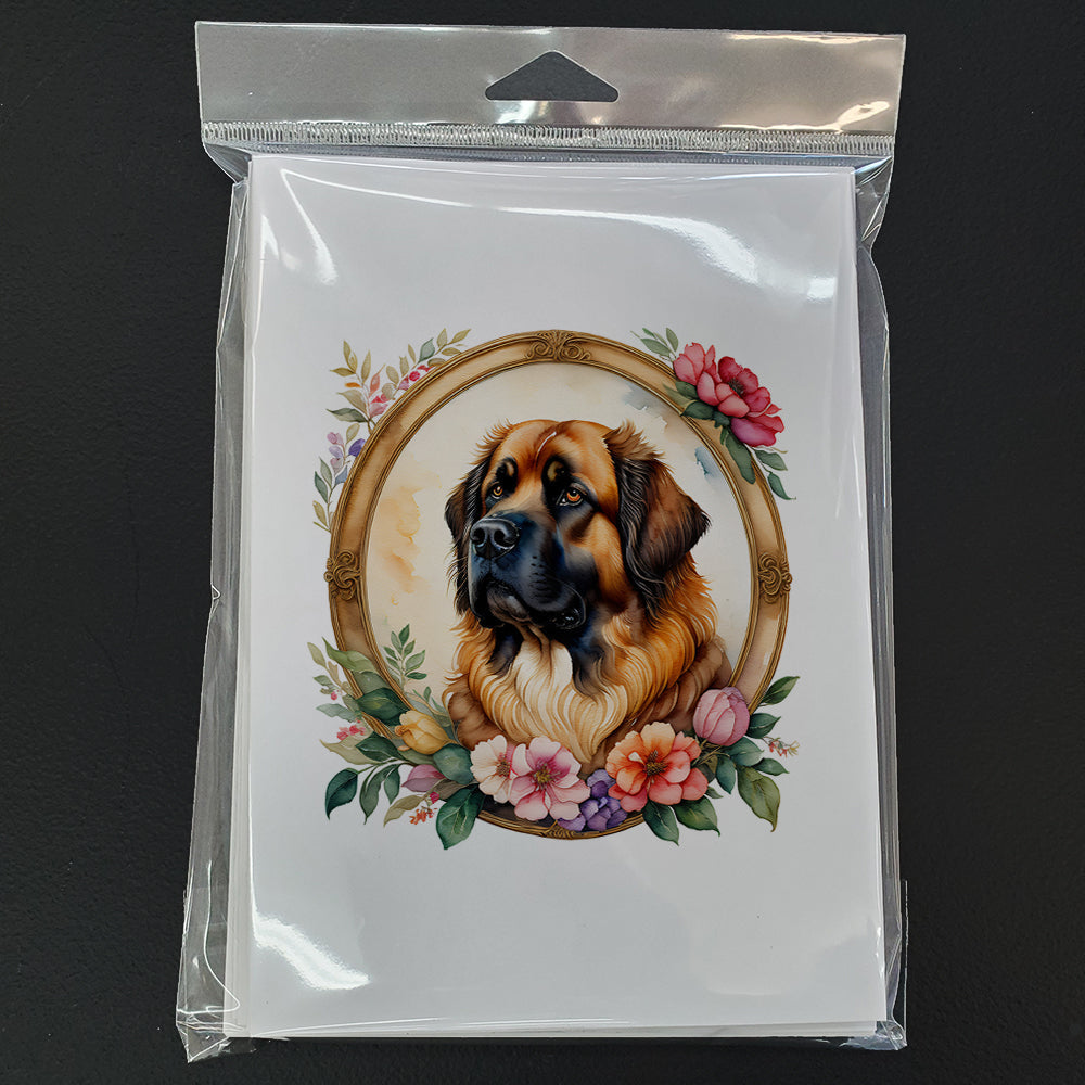 Leonberger and Flowers Greeting Cards Pack of 8 Blank Cards with Envelopes Whimsical A7 Size 5x7