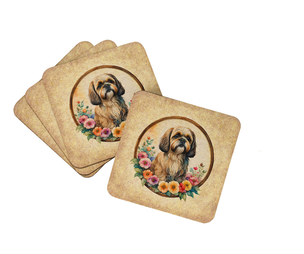 Lhasa Apso and Flowers Foam Coasters Set of 4 Cup Coasters for Indoor Outdoor, Tabletop Protection, Anti Slip, Mouse pad Material