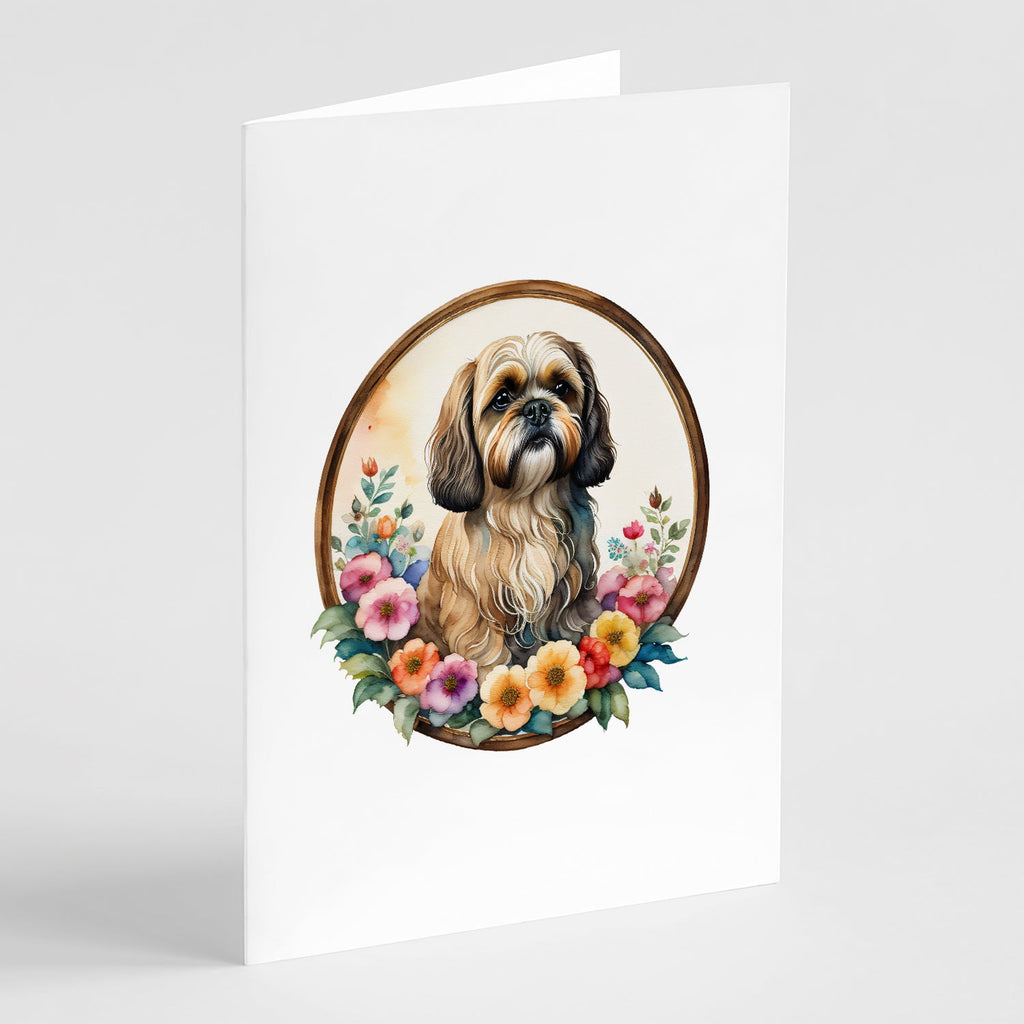 Lhasa Apso and Flowers Greeting Cards Pack of 8 Blank Cards with Envelopes Whimsical A7 Size 5x7