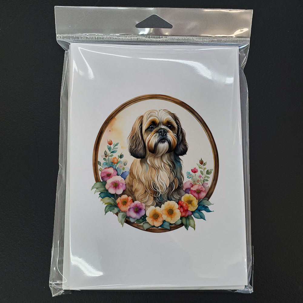 Lhasa Apso and Flowers Greeting Cards Pack of 8 Blank Cards with Envelopes Whimsical A7 Size 5x7