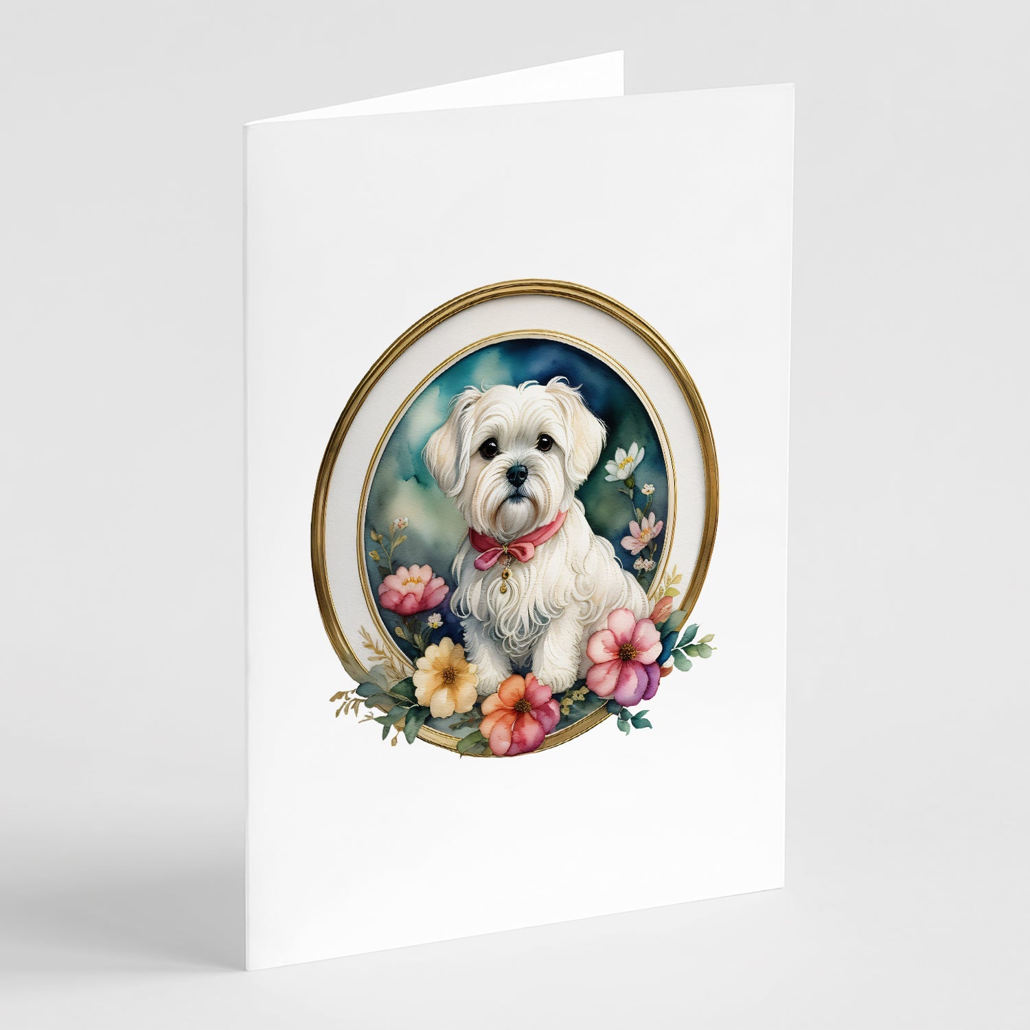 Maltese and Flowers Greeting Cards Pack of 8 Blank Cards with Envelopes Whimsical A7 Size 5x7
