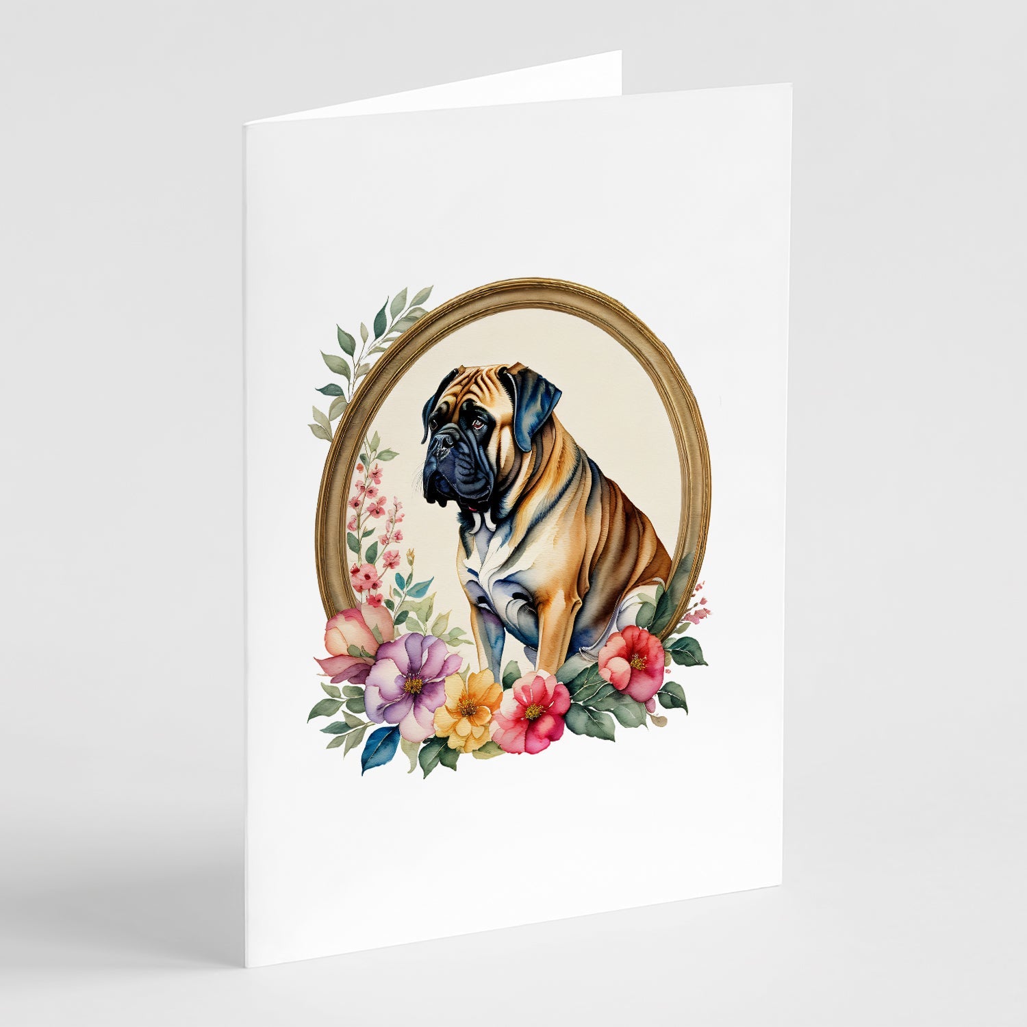 Mastiff and Flowers Greeting Cards Pack of 8 Blank Cards with Envelopes Whimsical A7 Size 5x7
