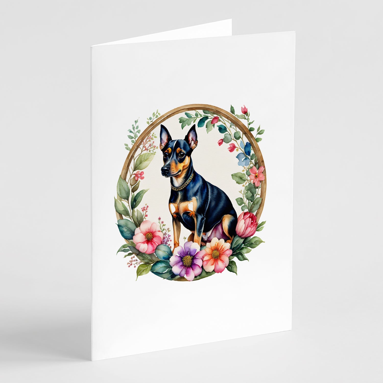 Miniature Pinscher and Flowers Greeting Cards Pack of 8 Blank Cards with Envelopes Whimsical A7 Size 5x7