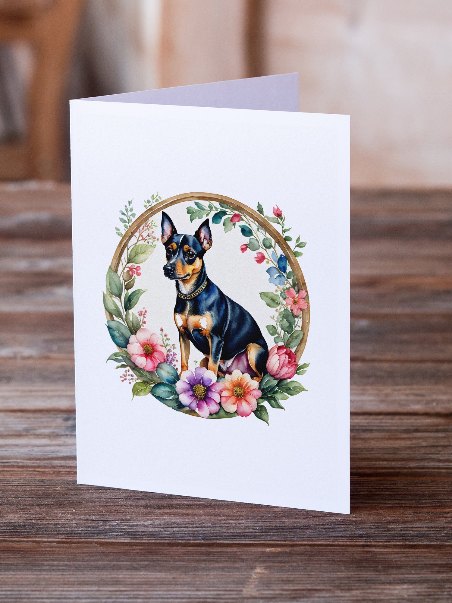 Miniature Pinscher and Flowers Greeting Cards Pack of 8 Blank Cards with Envelopes Whimsical A7 Size 5x7