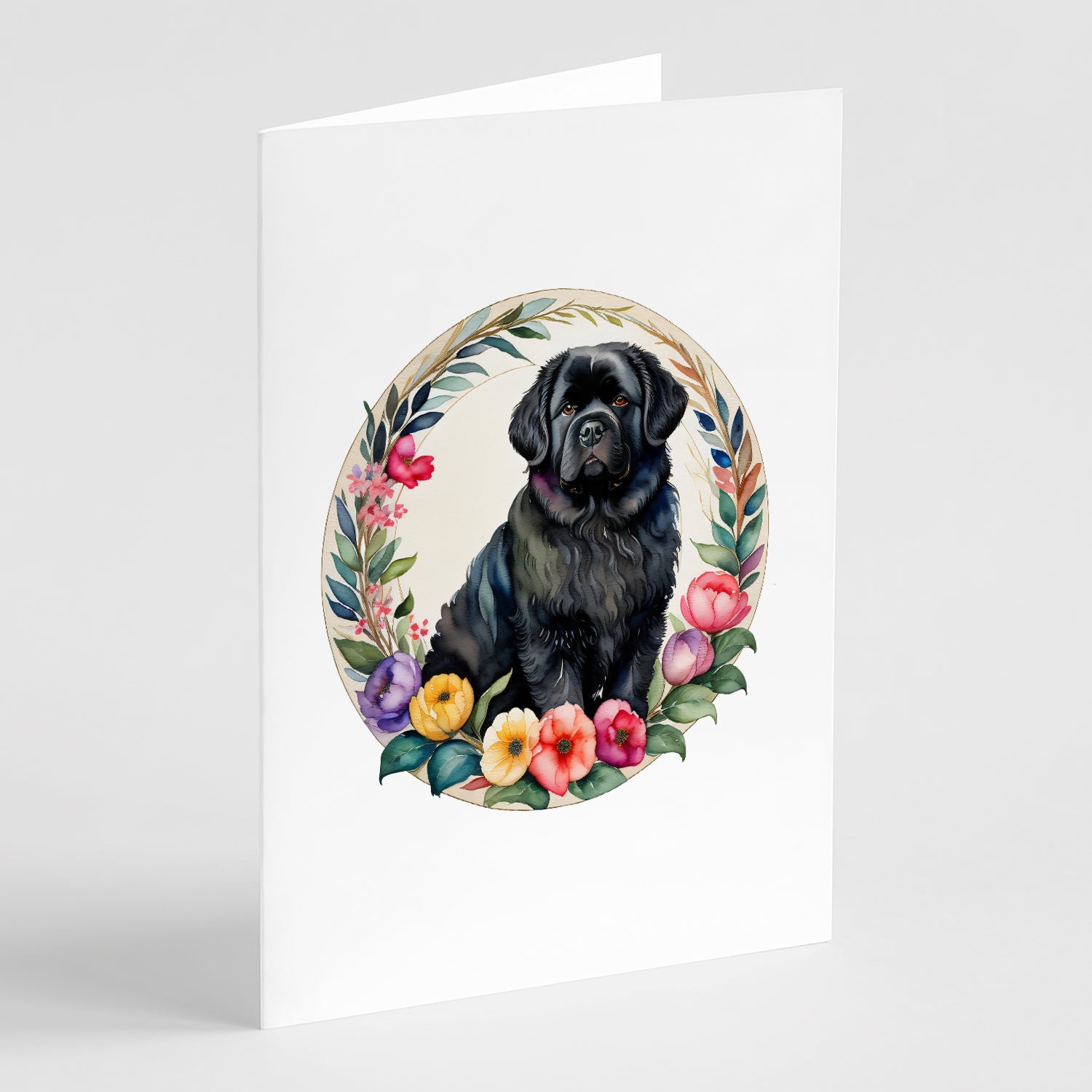 Newfoundland and Flowers Greeting Cards Pack of 8 Blank Cards with Envelopes Whimsical A7 Size 5x7