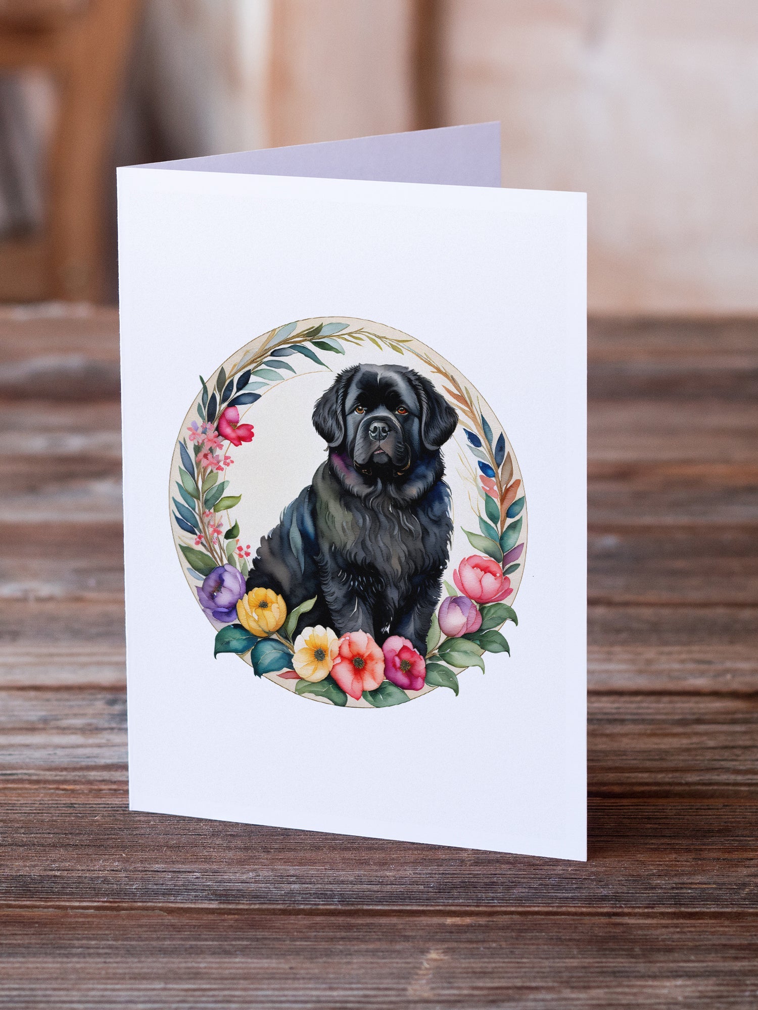 Newfoundland and Flowers Greeting Cards Pack of 8 Blank Cards with Envelopes Whimsical A7 Size 5x7