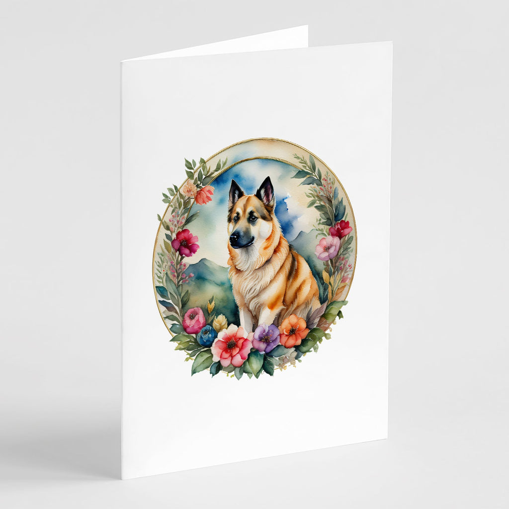 Norwegian Buhund and Flowers Greeting Cards Pack of 8 Blank Cards with Envelopes Whimsical A7 Size 5x7