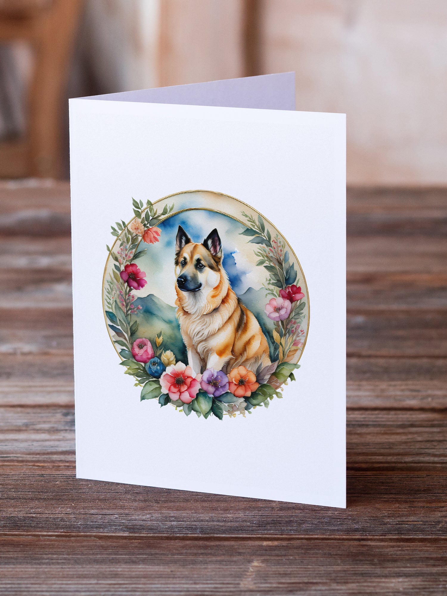 Norwegian Buhund and Flowers Greeting Cards Pack of 8 Blank Cards with Envelopes Whimsical A7 Size 5x7