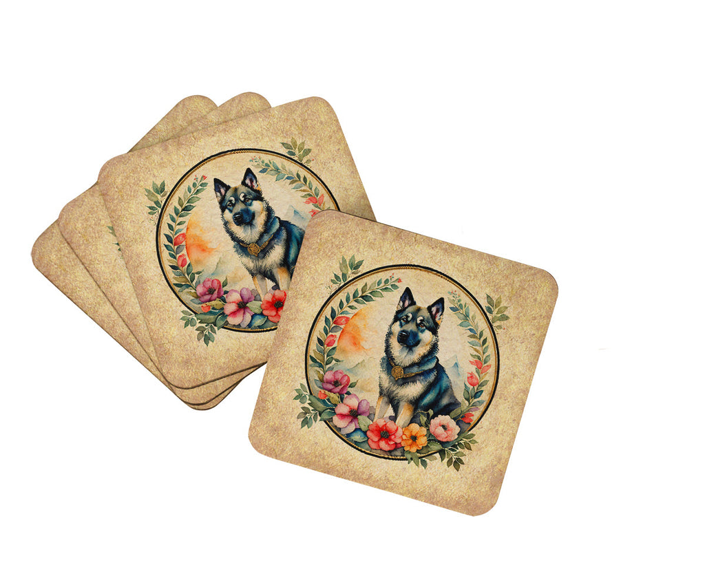 Norwegian Elkhound and Flowers Foam Coasters Set of 4 Cup Coasters for Indoor Outdoor, Tabletop Protection, Anti Slip, Mouse pad Material