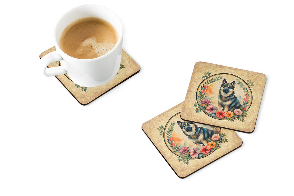 Norwegian Elkhound and Flowers Foam Coasters Set of 4 Cup Coasters for Indoor Outdoor, Tabletop Protection, Anti Slip, Mouse pad Material
