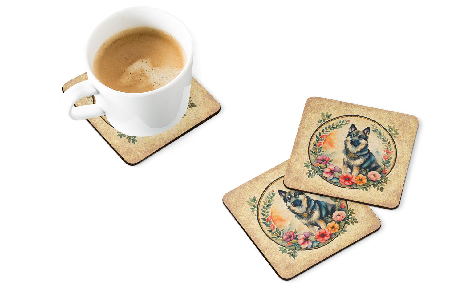 Norwegian Elkhound and Flowers Foam Coasters Set of 4 Cup Coasters for Indoor Outdoor, Tabletop Protection, Anti Slip, Mouse pad Material