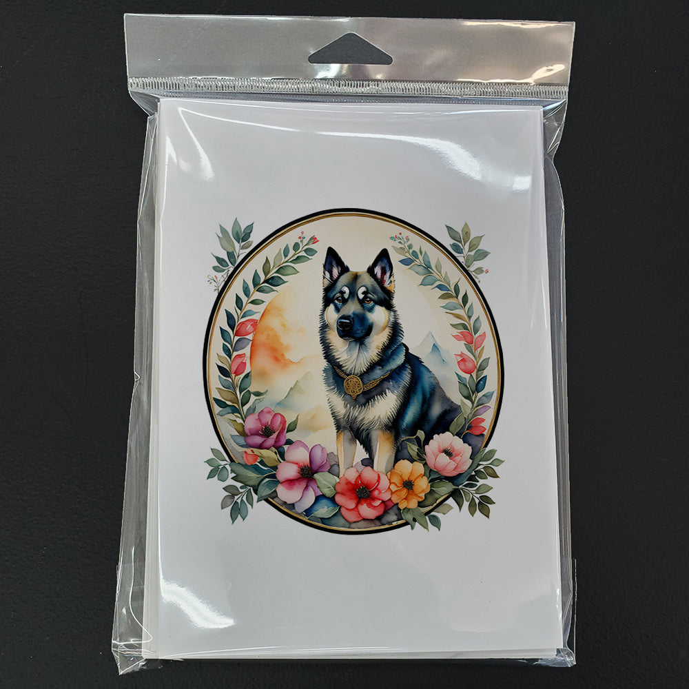 Norwegian Elkhound and Flowers Greeting Cards Pack of 8 Blank Cards with Envelopes Whimsical A7 Size 5x7