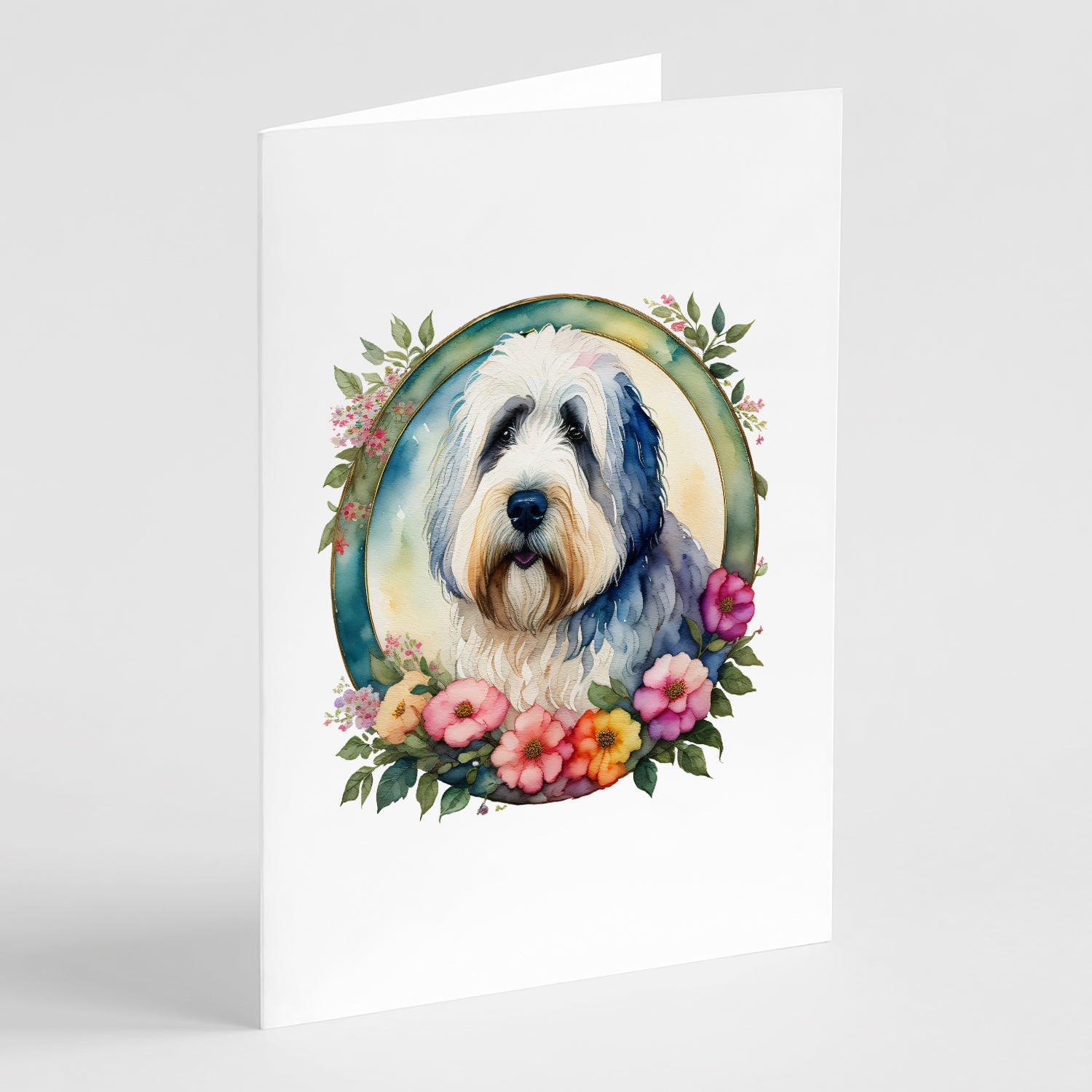 Old English Sheepdog and Flowers Greeting Cards Pack of 8 Blank Cards with Envelopes Whimsical A7 Size 5x7