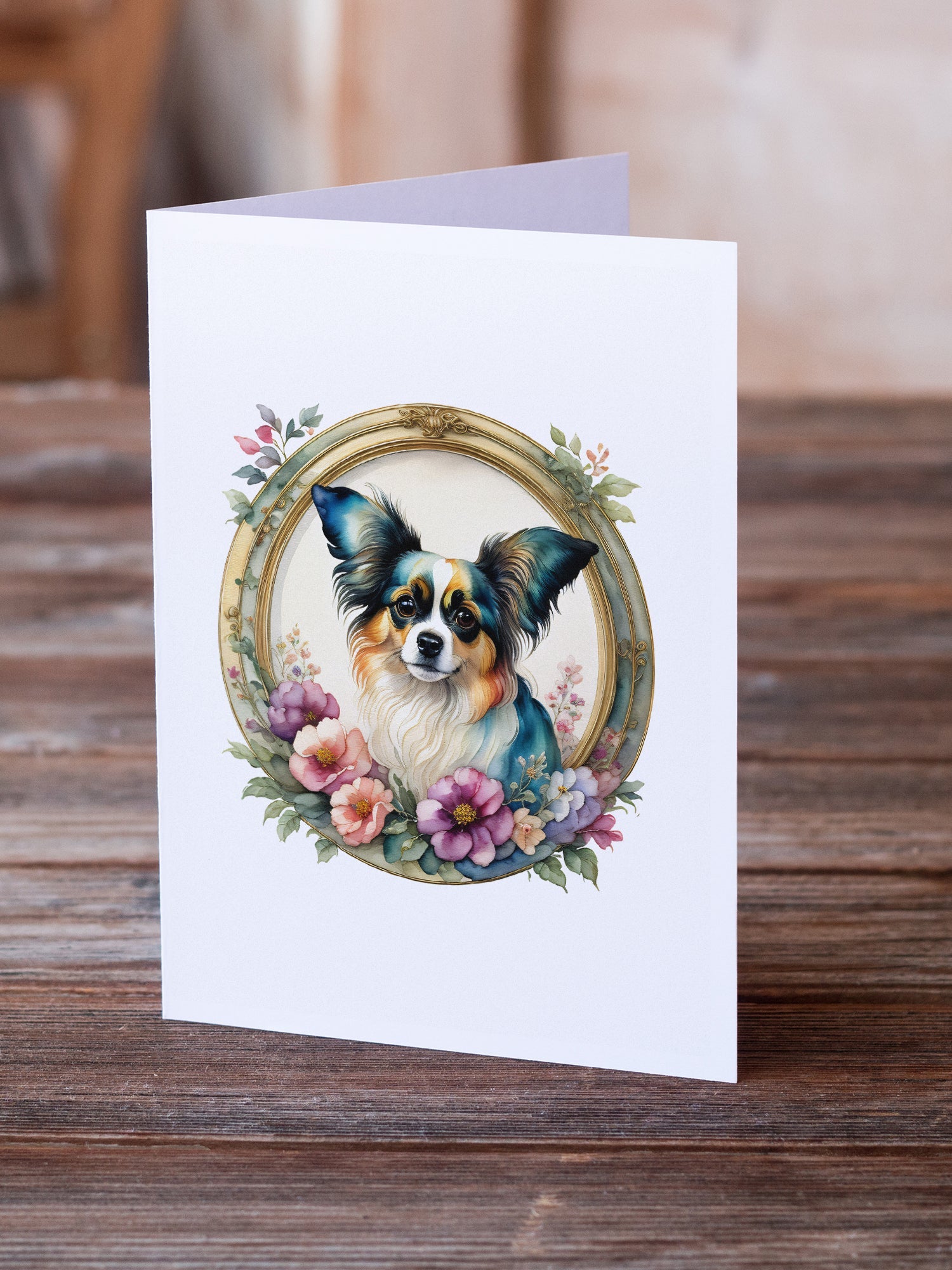 Papillon and Flowers Greeting Cards Pack of 8 Blank Cards with Envelopes Whimsical A7 Size 5x7