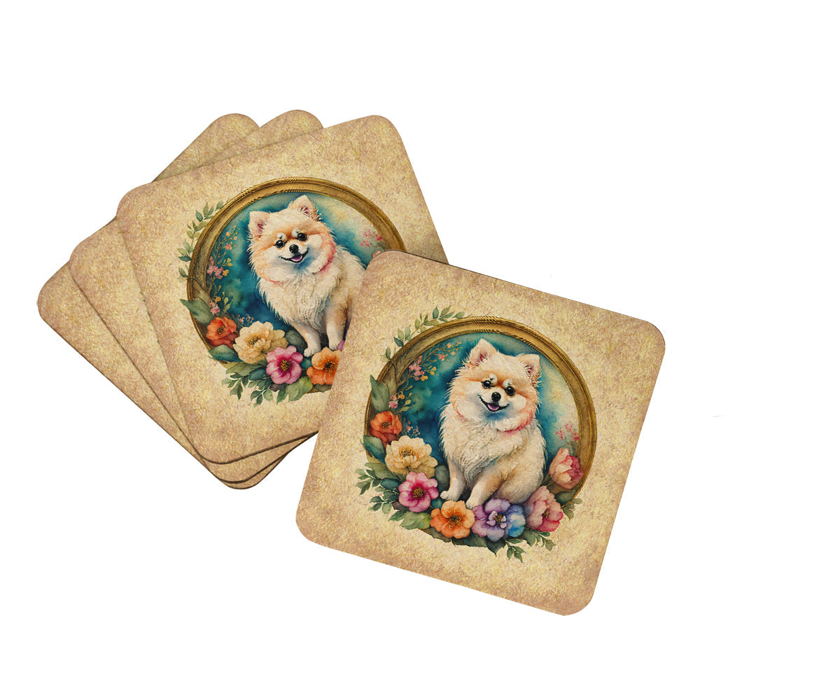 Pomeranian and Flowers Foam Coasters Set of 4 Cup Coasters for Indoor Outdoor, Tabletop Protection, Anti Slip, Mouse pad Material