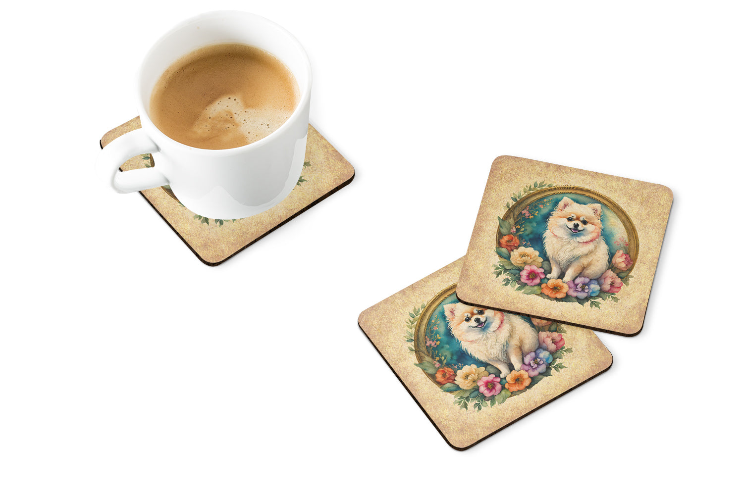Pomeranian and Flowers Foam Coasters Set of 4 Cup Coasters for Indoor Outdoor, Tabletop Protection, Anti Slip, Mouse pad Material