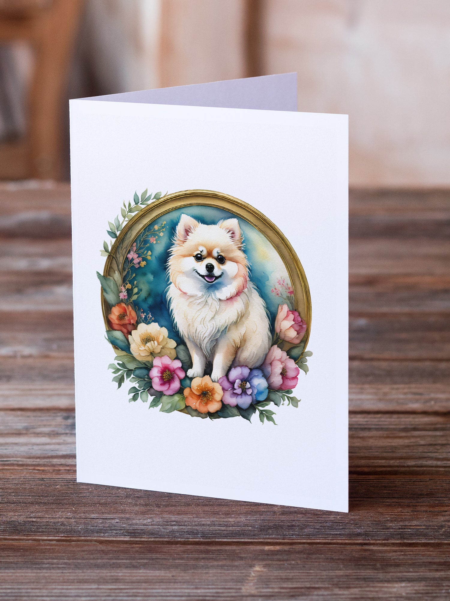 Pomeranian and Flowers Greeting Cards Pack of 8 Blank Cards with Envelopes Whimsical A7 Size 5x7