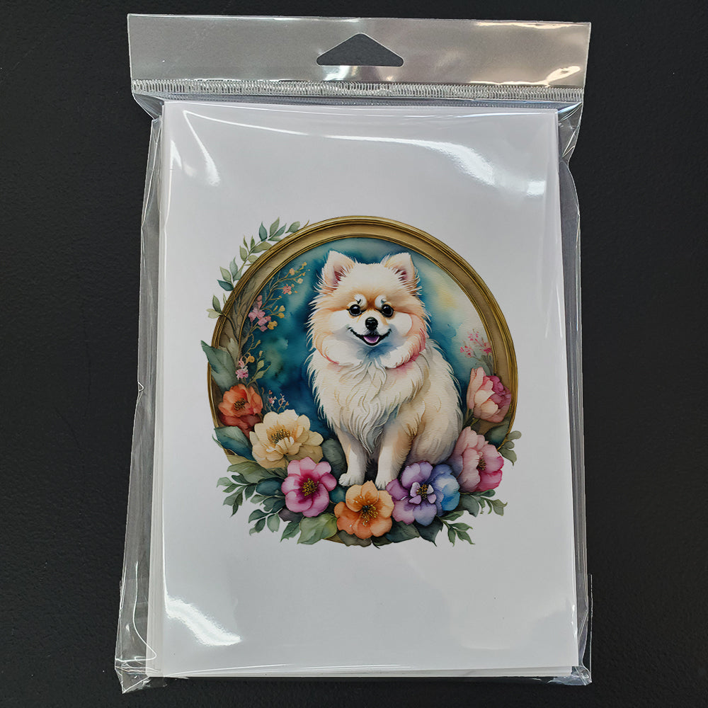 Pomeranian and Flowers Greeting Cards Pack of 8 Blank Cards with Envelopes Whimsical A7 Size 5x7