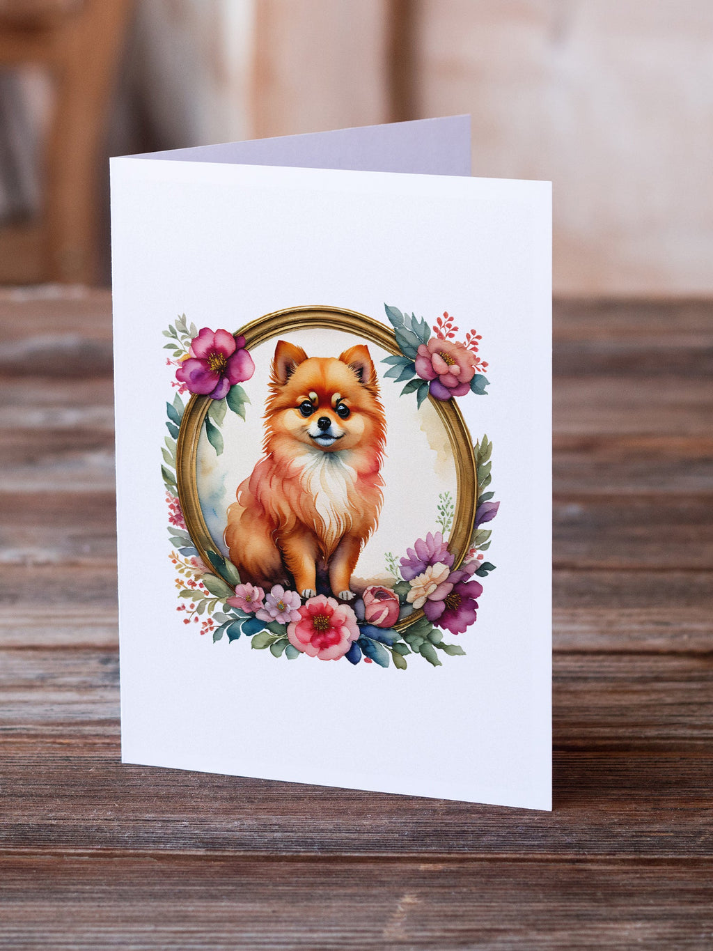 Pomeranian and Flowers Greeting Cards Pack of 8 Blank Cards with Envelopes Whimsical A7 Size 5x7