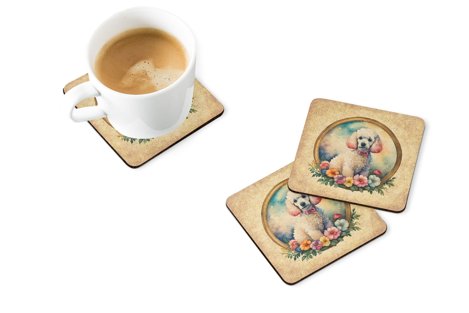 White Poodle and Flowers Foam Coasters Set of 4 Cup Coasters for Indoor Outdoor, Tabletop Protection, Anti Slip, Mouse pad Material