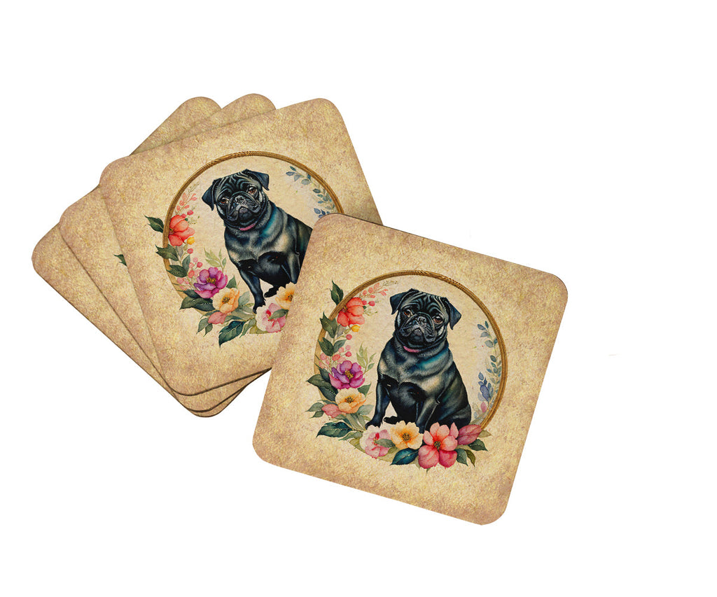 Black Pug and Flowers Foam Coasters Set of 4 Cup Coasters for Indoor Outdoor, Tabletop Protection, Anti Slip, Mouse pad Material