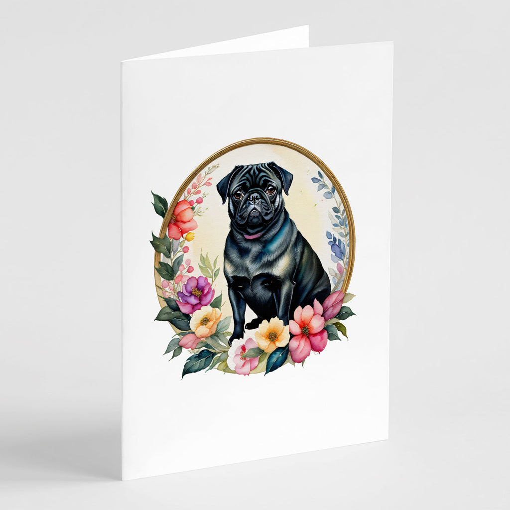 Black Pug and Flowers Greeting Cards Pack of 8 Blank Cards with Envelopes Whimsical A7 Size 5x7