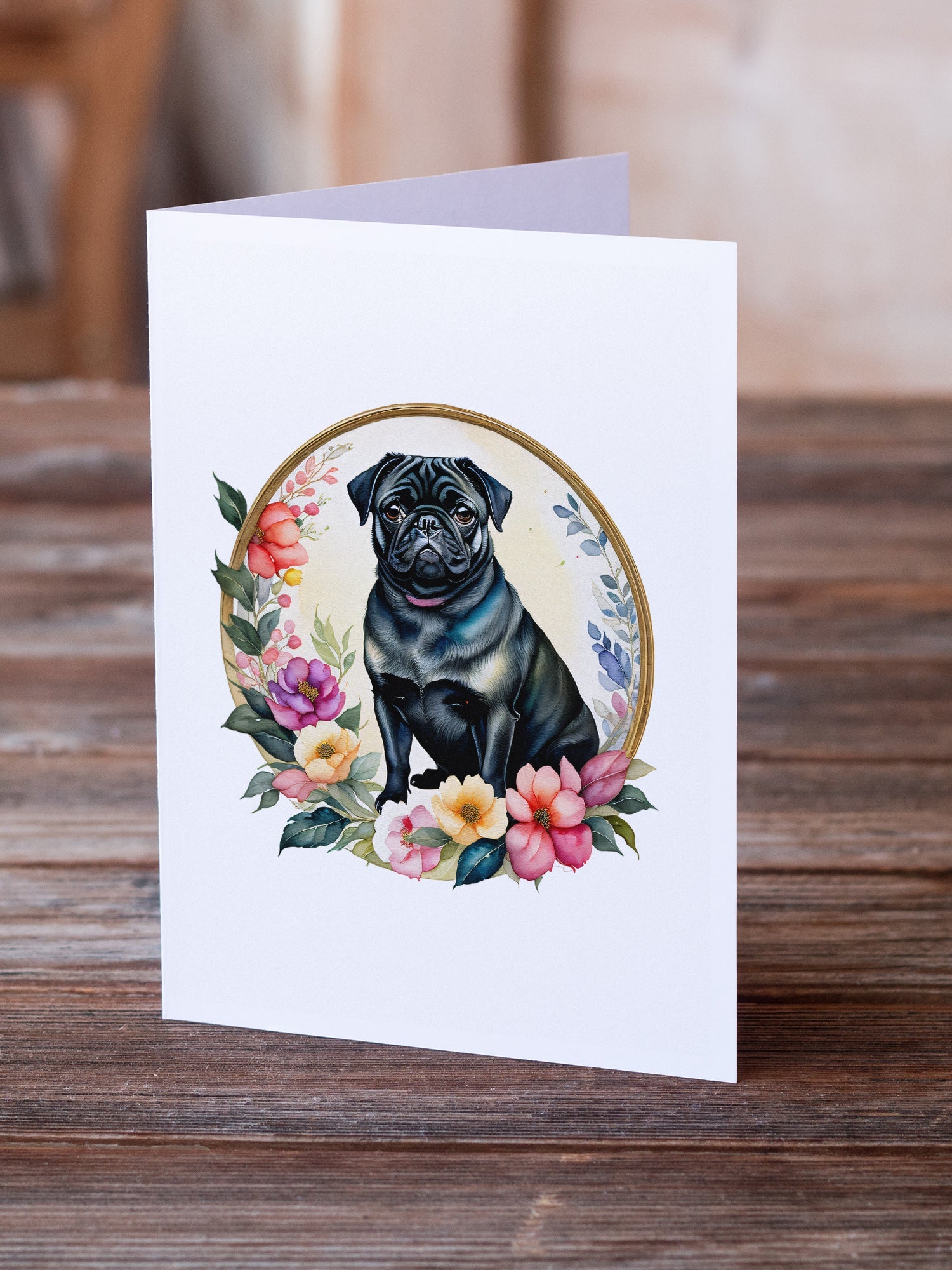 Black Pug and Flowers Greeting Cards Pack of 8 Blank Cards with Envelopes Whimsical A7 Size 5x7