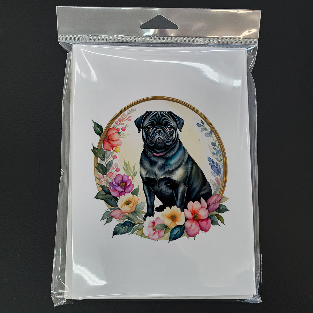 Black Pug and Flowers Greeting Cards Pack of 8 Blank Cards with Envelopes Whimsical A7 Size 5x7