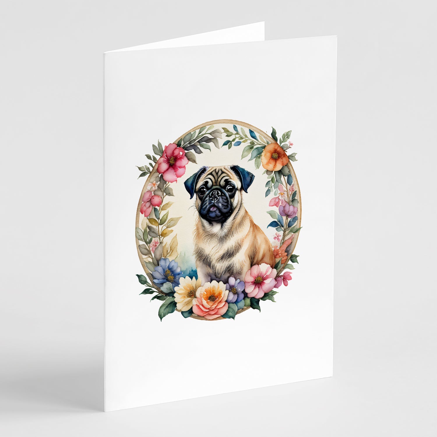 Fawn Pug and Flowers Greeting Cards Pack of 8 Blank Cards with Envelopes Whimsical A7 Size 5x7