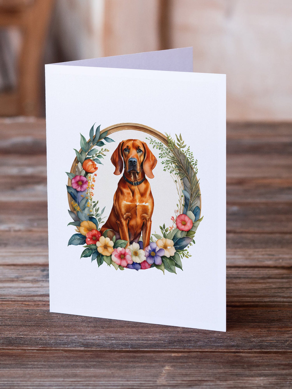 Redbone Coonhound and Flowers Greeting Cards Pack of 8 Blank Cards with Envelopes Whimsical A7 Size 5x7