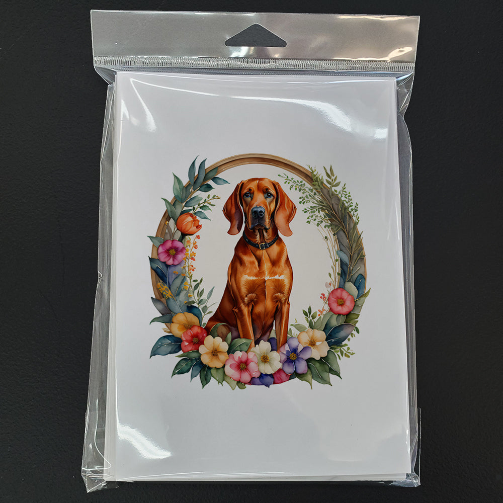Redbone Coonhound and Flowers Greeting Cards Pack of 8 Blank Cards with Envelopes Whimsical A7 Size 5x7