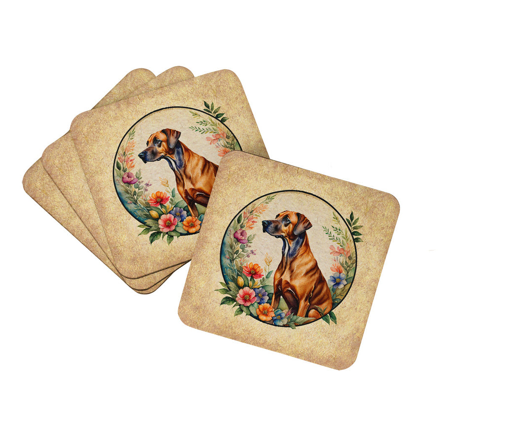 Rhodesian Ridgeback and Flowers Foam Coasters Set of 4 Cup Coasters for Indoor Outdoor, Tabletop Protection, Anti Slip, Mouse pad Material